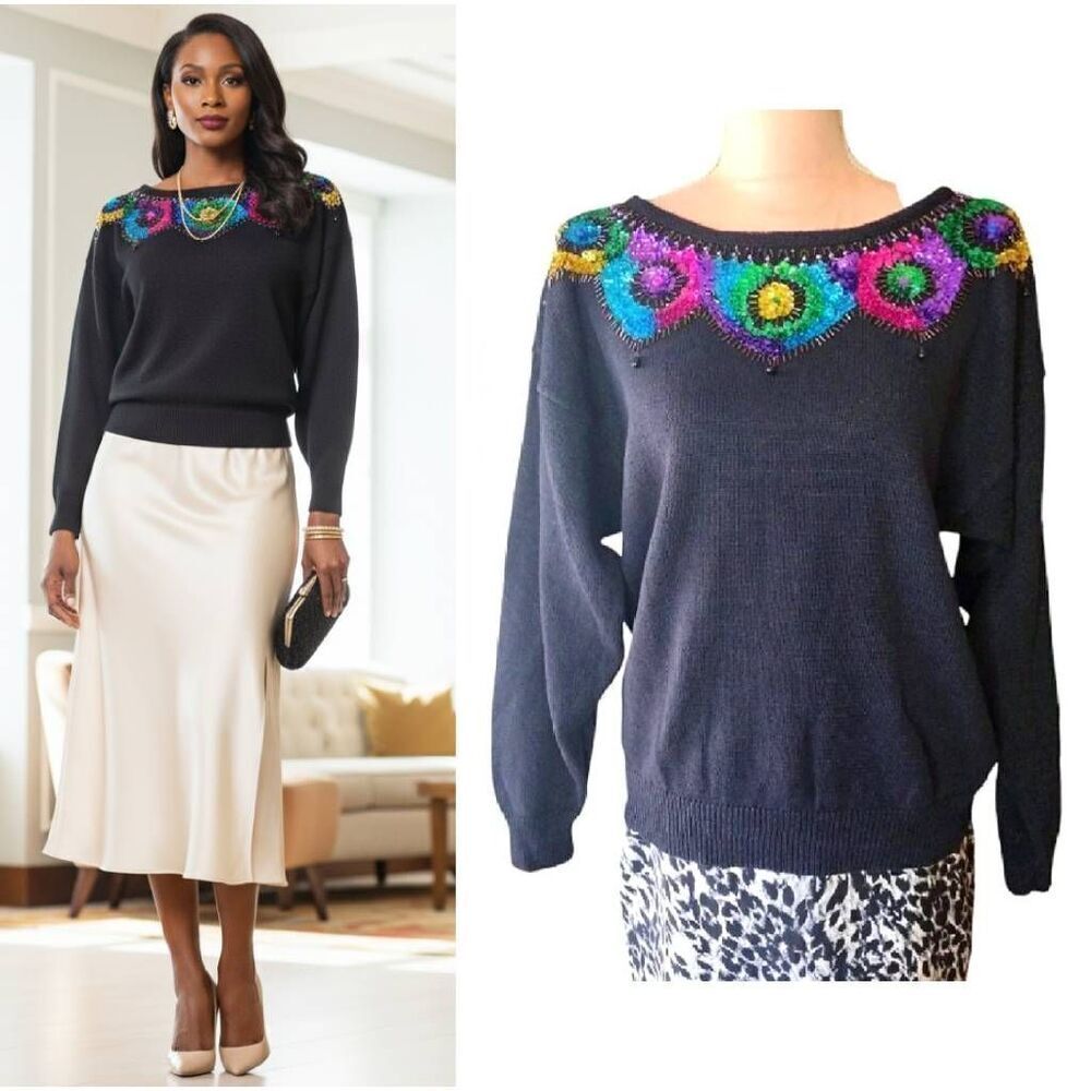 VTG 80s Celina Yang Beaded Sequin Sweater Black Ramie Cotton Knit Medium‎